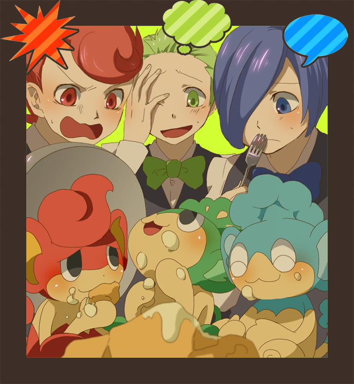 3boys, black_eyes, black_vest, blue_bow, blue_eyes, blue_hair, blush, bow, bowtie, brothers, chili_(pokemon), cilan_(pokemon), closed_eyes, cress_(pokemon), eating, food, fork, green_bow, green_eyes, green_hair, holding, jagajaga, male_focus, multiple_boys, open_mouth, panpour, pansage, pansear, pokemon, pokemon_(creature), pokemon_bw, red_eyes, redhead, shirt, siblings, smile, sweat, traditional_bowtie, unova_monkeys, vest, white_shirt