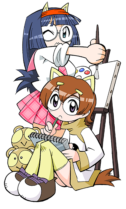 2girls, :>, aina_(toranoana), animal, animal_ear_headband, animal_ears, aqua_eyes, black_eyes