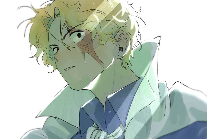 1boy, ascot, blonde_hair, blue_shirt, c_a_k_e, cape, collared_shirt, commentary