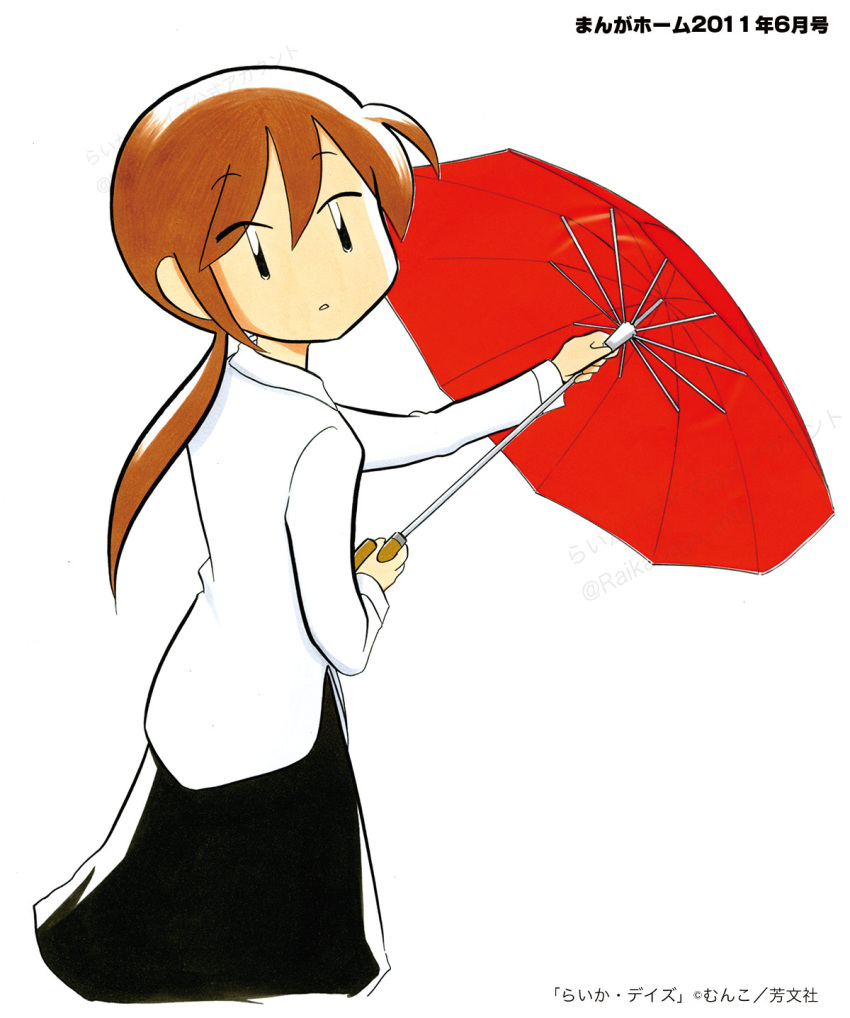 1girl, 2011, :o, back, black_eyes, black_skirt, brown_hair, collared_shirt