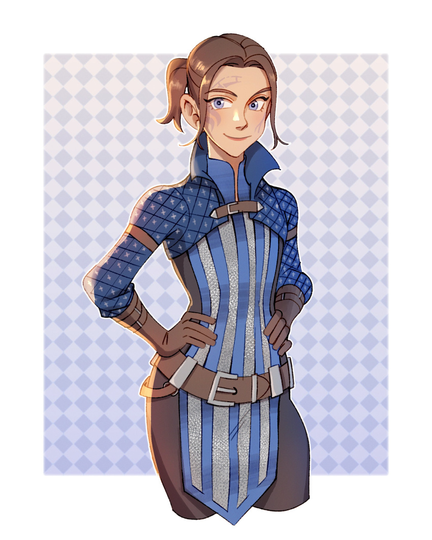 1girl, absurdres, belt, blue_eyes, blue_shrug, brown_belt, brown_gloves, brown_hair