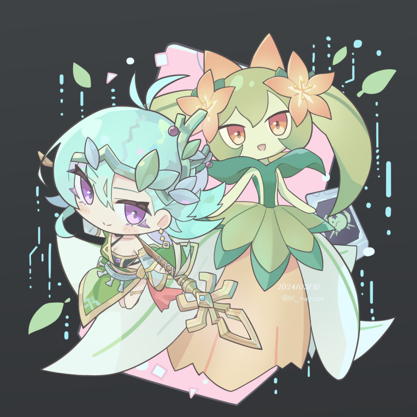 2girls, bare_legs, closed_mouth, dated, detached_sleeves, flower, grey_hair, hair_branch, hair_ornament, highres, holding, holding_polearm, holding_weapon, lily_everhart, looking_at_viewer, lyleen, multiple_girls, nayuse_maymey, palworld, polearm, violet_eyes, weapon