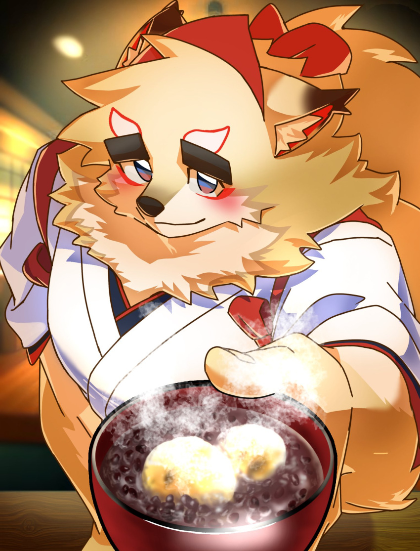 1boy, animal_ears, blue_eyes, blush, bowl, closed_mouth, commentary_request, fox_boy, fox_ears, furry, furry_male, giving_food, highres, holding, holding_bowl, inari_(housamo), japanese_clothes, looking_at_viewer, male_focus, shizu_ponnu, smile, steam, tokyo_afterschool_summoners