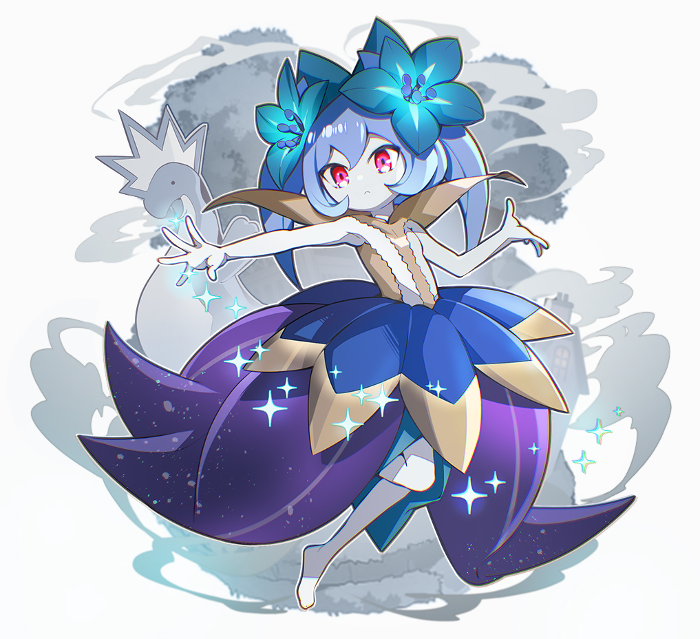 1girl, blue_hair, closed_mouth, flower, hair_ornament, looking_at_viewer, lyleen_noct, monster_girl