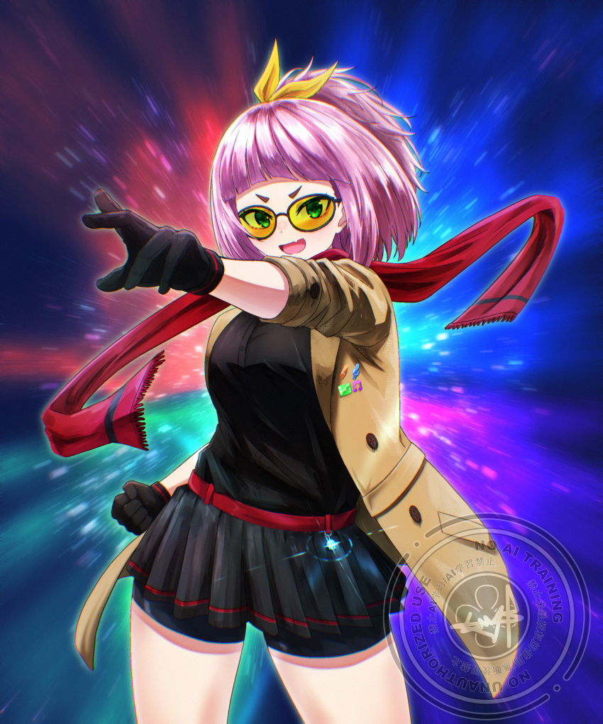 1girl, absurdres, black_gloves, black_shorts, black_skirt, brown_coat, chromatic_aberration, clenched_hand