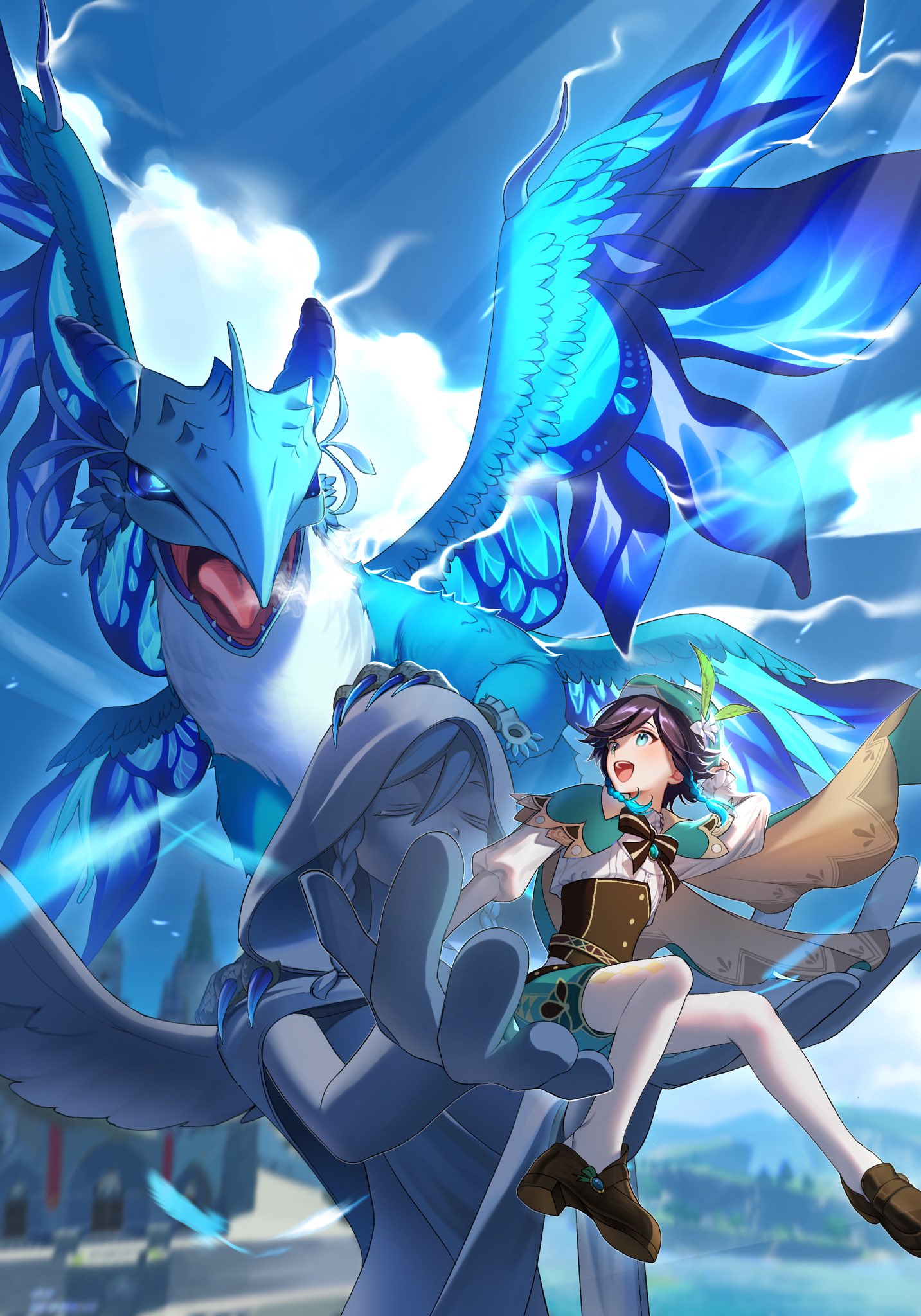 1boy, aqua_eyes, arm_up, bard, beret, black_hair, blue_eyes, blue_hair, blurry, blurry_background, bow, braid, cape, cathedral, claws, cliff, closed_eyes, clouds, collared_cape, commentary_request, corset, day, dragon, dvalin_(genshin_impact), flower, gem, genshin_impact, gradient_hair, green_cape, green_hat, green_shorts, hat, hat_flower, high_heels, highres, hill, hood, hood_up, juliet_sleeves, long_sleeves, mondstadt_city, multicolored_hair, open_mouth, outdoors, outstretched_hand, pantyhose, puffy_sleeves, sabuo, short_hair_with_long_locks, shorts, side_braids, sitting, sky, statue, twin_braids, venti_(genshin_impact), water, white_pantyhose, wings