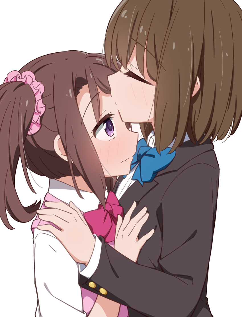 2girls, black_jacket, blue_bow, blue_bowtie, blush, bow, bowtie, brown_hair