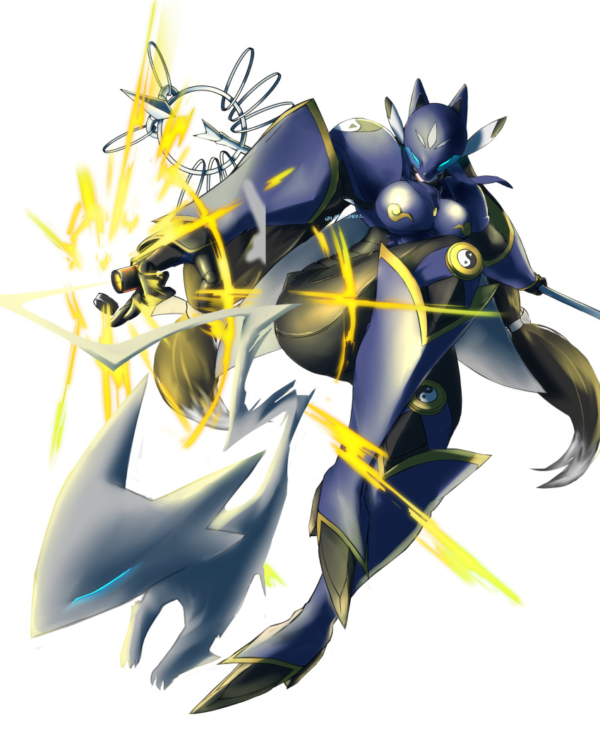 1girl, absurdres, armor, black_armor, black_bodysuit, black_mask, blue_eyes, bodysuit