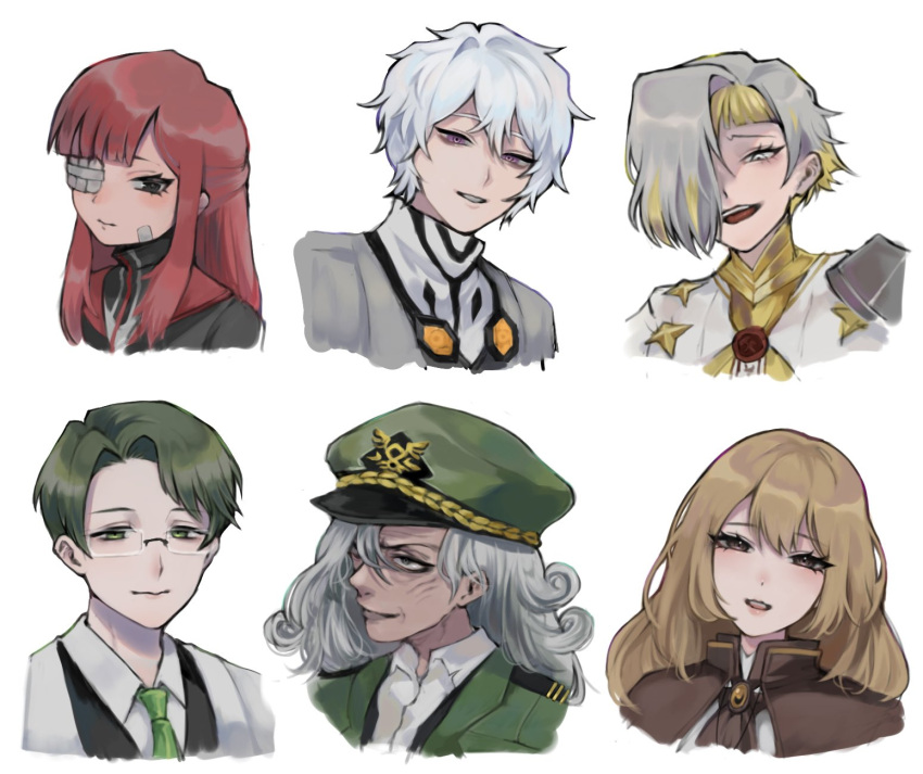 2boys, 4girls, ahab_(project_moon), bandaid, bandaid_on_face, black_eyes, black_jacket, black_vest