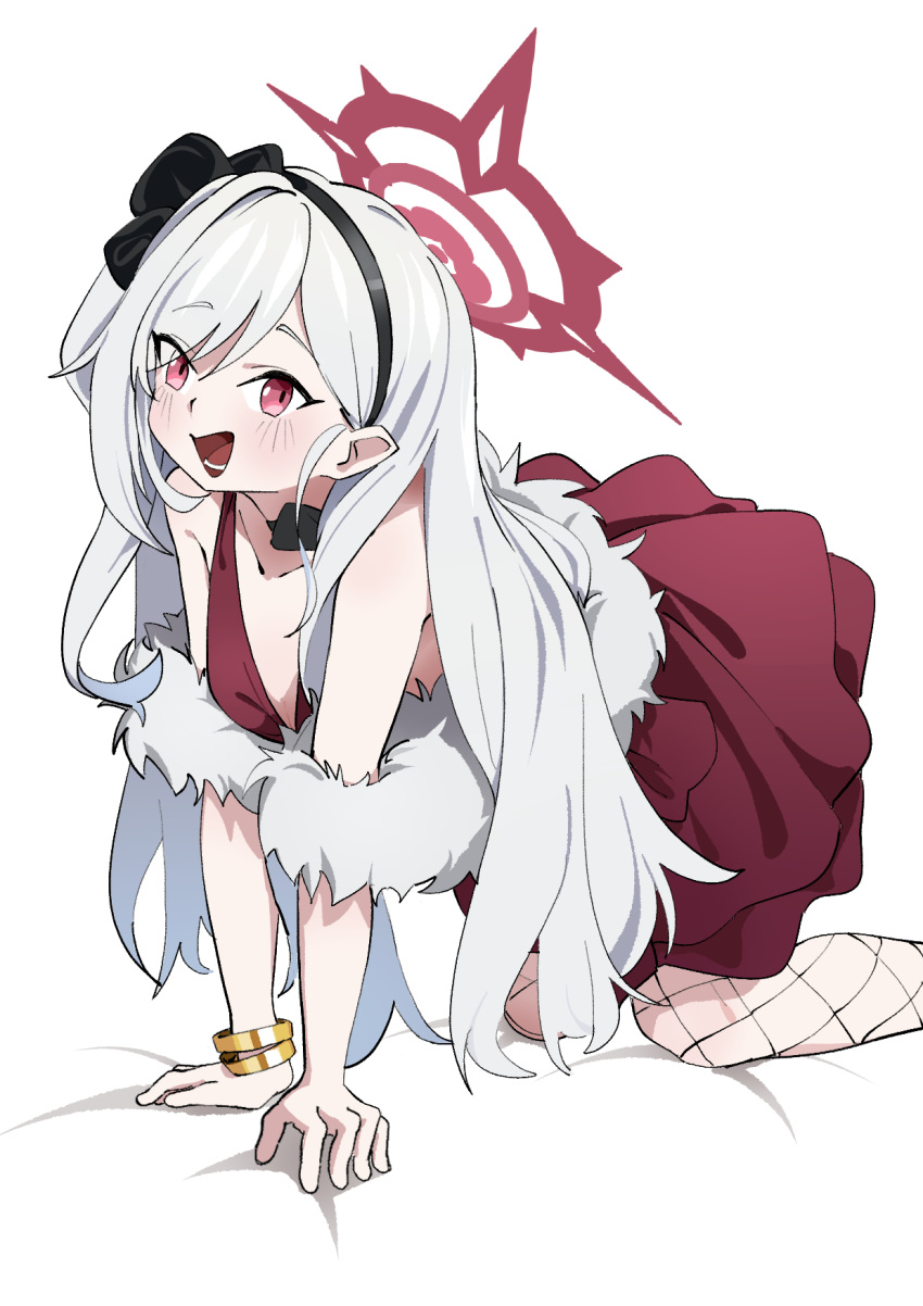 1girl, :d, adon_(dufaladanidu), all_fours, bare_shoulders, black_bow, black_hairband, blue_archive