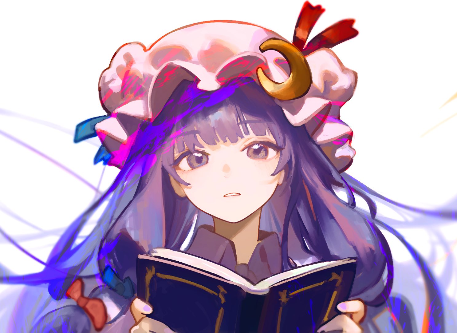 1girl, book, bow, collared_shirt, crescent, crescent_hat_ornament, hair_bow, hat