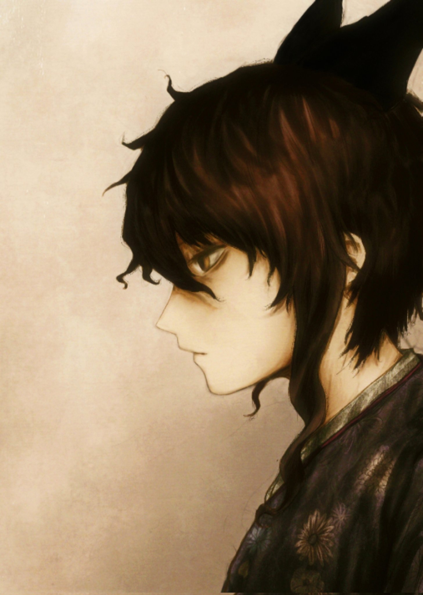 1girl, ain_(despera), asymmetrical_hair, black_bow, blank_stare, bow, brown_background, brown_eyes