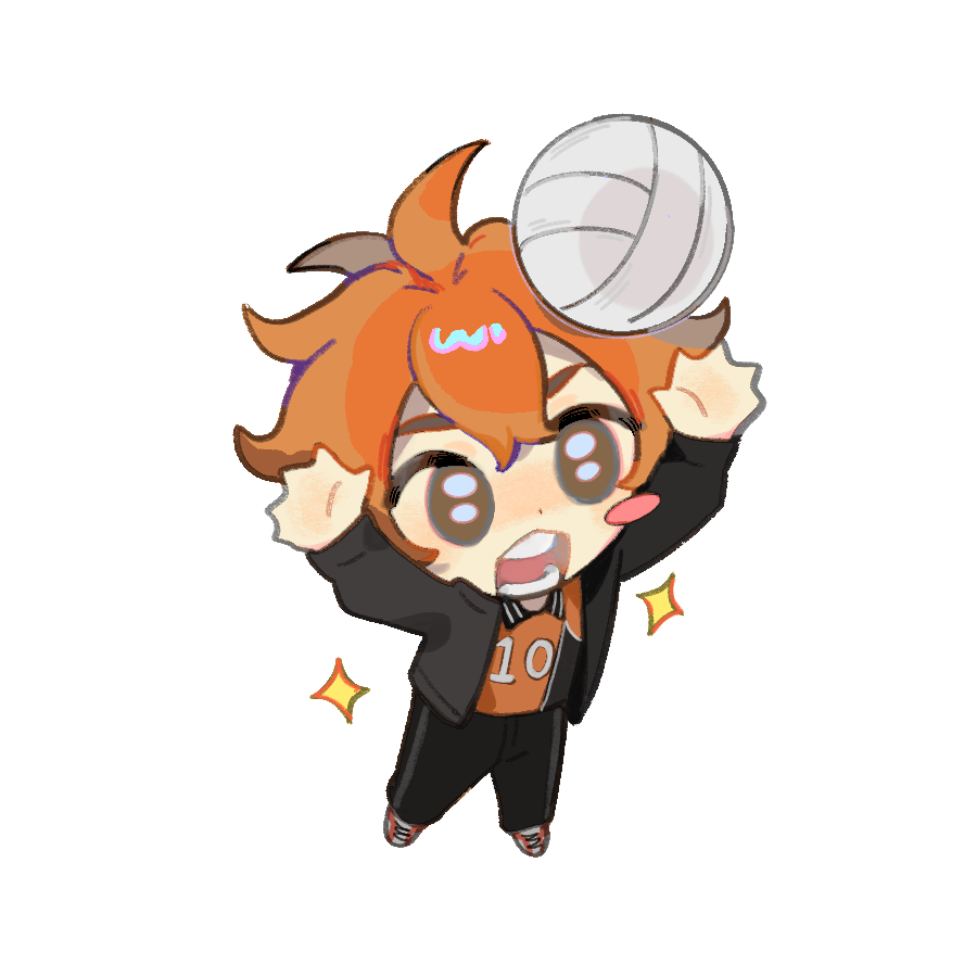 1boy, ahoge, arms_up, ball, black_eyes, black_jacket, black_pants, blush_stickers, chibi, chibi_only, chinese_commentary, collared_shirt, commentary_request, finwell, haikyuu!!, hair_between_eyes, hinata_shouyou, jacket, male_focus, open_clothes, open_jacket, open_mouth, orange_shirt, pants, shirt, short_hair, simple_background, single_blush_sticker, solo, sparkle, transparent_background, variant_set, volleyball_(object)