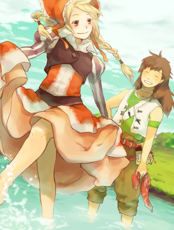 1girl, blonde_hair, braid, brown_hair, closed_eyes, cordelia_(saga_frontier_2), dress, eyes_closed