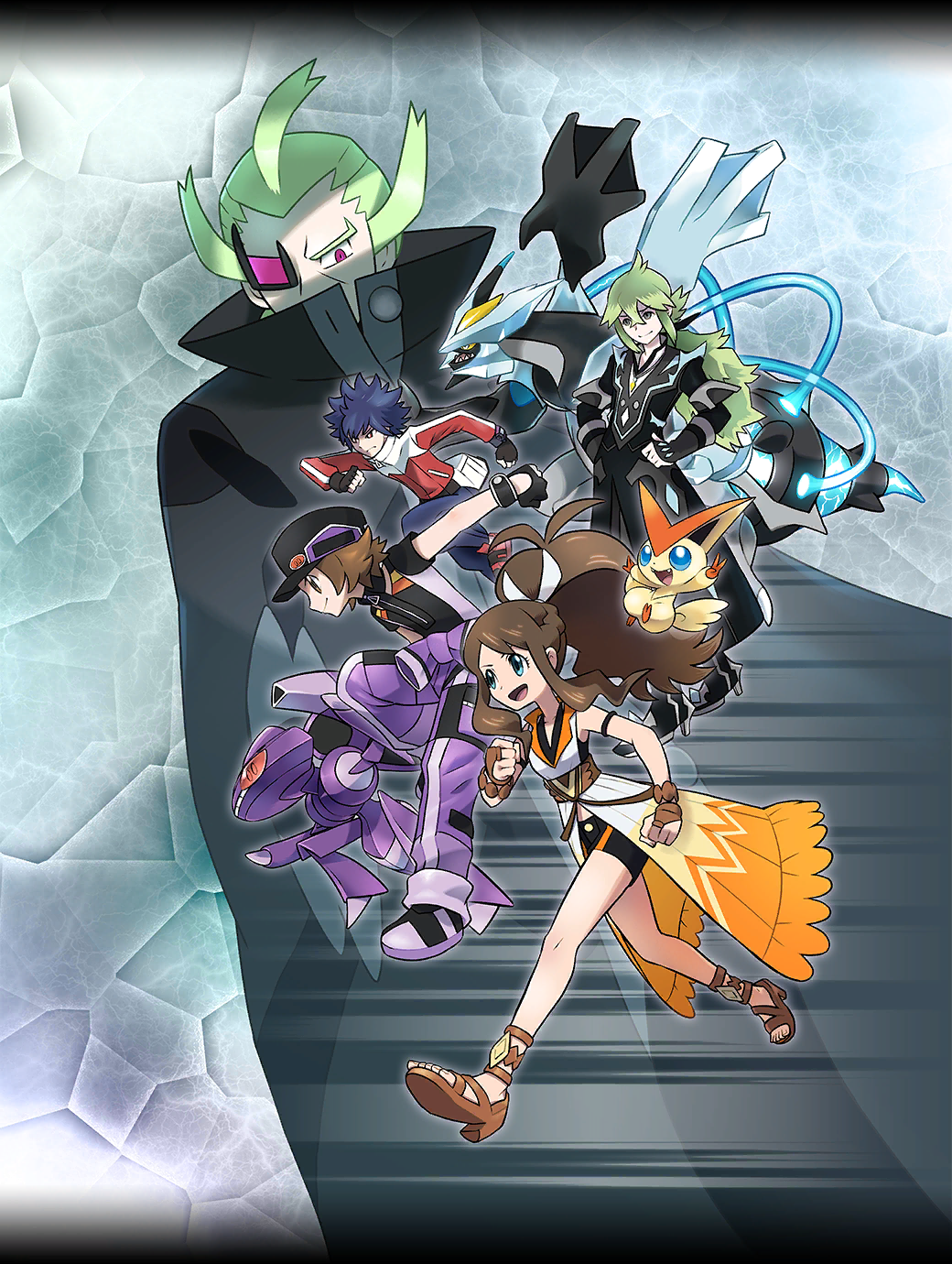 1girl, 4boys, ariga_hitoshi, black_cloak, black_gloves, black_hat, black_kyurem, black_shirt