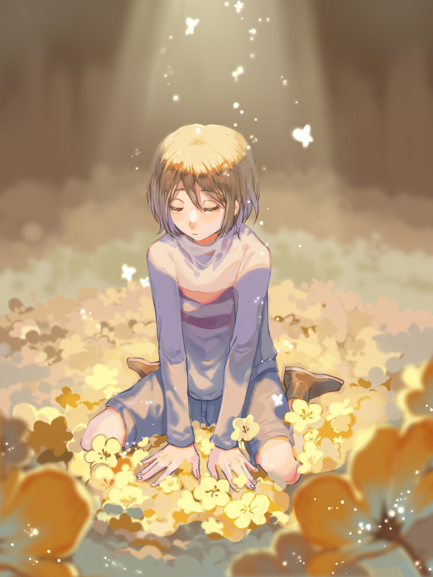 1other, androgynous, black_footwear, brown_hair, bug, butterfly, closed_eyes, closed_mouth, flower, frisk_(undertale), grey_shorts, grey_sweater, highres, light_particles, long_sleeves, on_ground, other_focus, raining_ji, short_hair, shorts, sitting, solo, sweater, undertale, wariza, yellow_flower