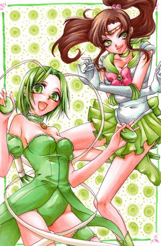 bare_shoulders, bishoujo_senshi_sailor_moon, brown_hair, color_connection, copics, crossover, green, green_eyes, green_hair, kino_makoto, magical_girl, marker_(medium), mew_lettuce, midorikawa_lettuce, multiple_girls, pleated_skirt, ponytail, sailor_jupiter, skirt, tokyo_mew_mew, traditional_media, uingu
