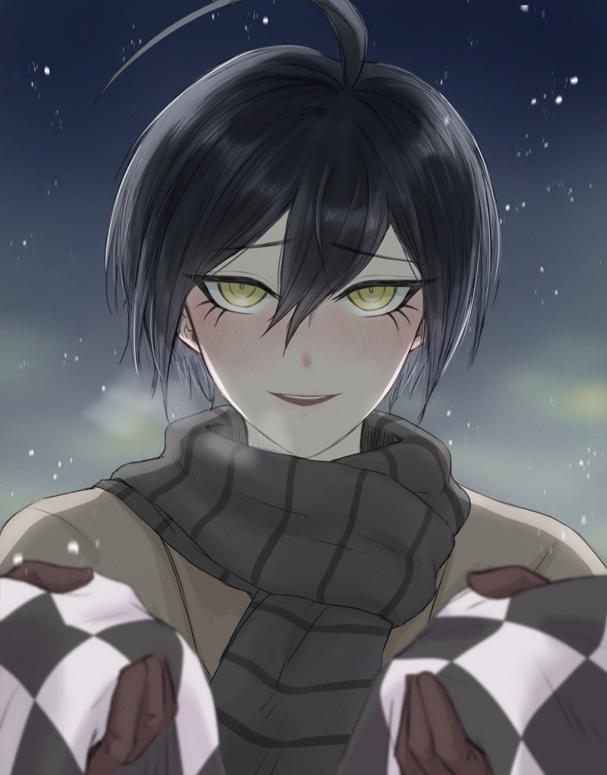 1boy, :d, ahoge, black_hair, blush, brown_gloves, brown_jacket, danganronpa_(series), danganronpa_v3:_killing_harmony, gloves, green_eyes, hair_between_eyes, highres, holding_neckerchief, jacket, looking_at_viewer, male_focus, mary_(marlone_kuhl), neckerchief, saihara_shuichi, scarf, short_hair, smile, snowing, solo, striped_clothes, striped_scarf, unworn_neckerchief