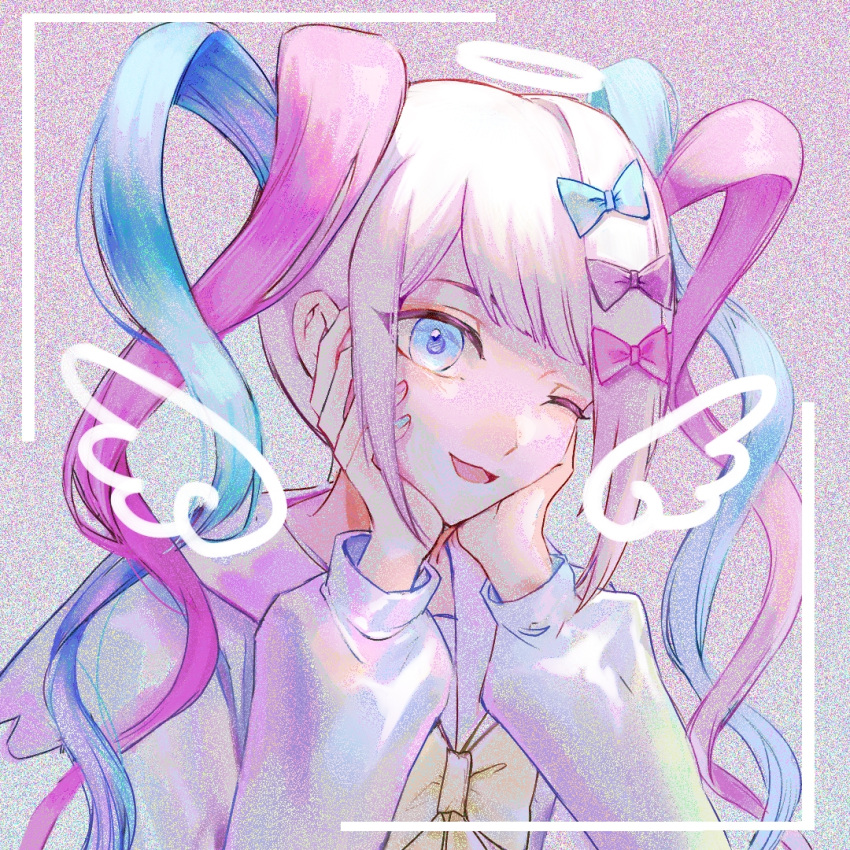 1girl, blue_eyes, blue_hair, blue_nails, bow, bowtie, chinese_commentary, chouzetsusaikawa_tenshi-chan, commentary_request, drawn_halo, drawn_wings, film_grain, halo, hands_on_own_cheeks, hands_on_own_face, long_sleeves, multicolored_hair, multicolored_nails, needy_girl_overdose, one_eye_closed, open_mouth, pink_hair, pink_nails, quad_tails, raining_ji, shirt, smile, solo, upper_body, white_hair, white_shirt, yellow_bow, yellow_bowtie