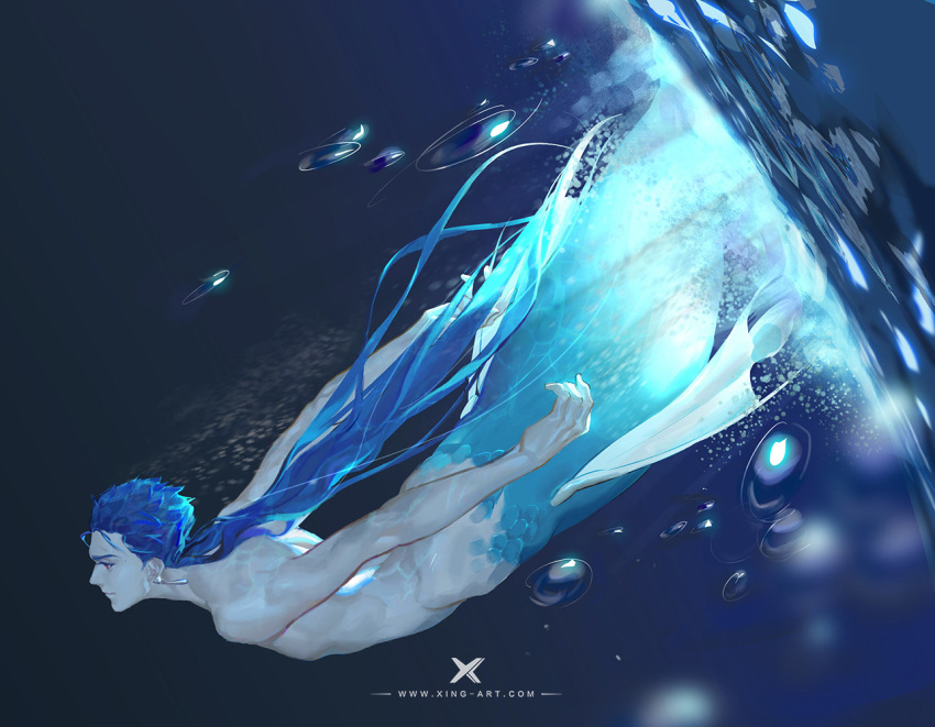 1boy, air_bubble, artist_name, blue_eyes, blue_hair, blue_tail, blue_theme, bubble