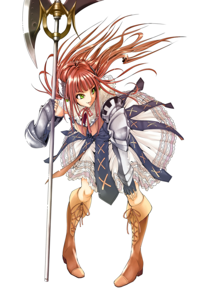 boots, gauntlets, green_eyes, halberd, highres, kininaljaguar, long_hair, polearm