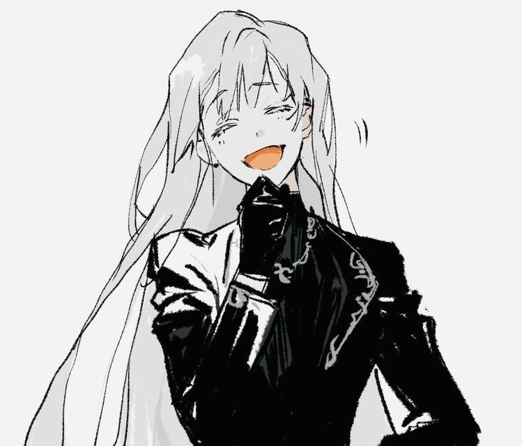 1girl, angelica_(project_moon), bad_link, black_gloves, black_jacket, black_sweater, closed_eyes, gloves, iiii_roland, jacket, lapels, laughing, library_of_ruina, long_hair, long_sleeves, open_mouth, project_moon, silver_trim, simple_background, smile, solo, source_request, sweater, third-party_source, very_long_hair, white_background, white_hair