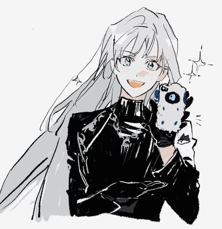 1girl, angelica_(project_moon), bad_link, black_gloves, black_jacket, black_sweater, blue_eyes, blush, cellphone, gloves, hands_up, holding, holding_phone, iiii_roland, jacket, jewelry, lapels, library_of_ruina, long_hair, long_sleeves, looking_at_viewer, necklace, open_mouth, ornate_phone_case, phone, project_moon, ring, ring_necklace, silver_trim, simple_background, smartphone, smile, solo, source_request, sweater, third-party_source, very_long_hair, white_background, white_hair
