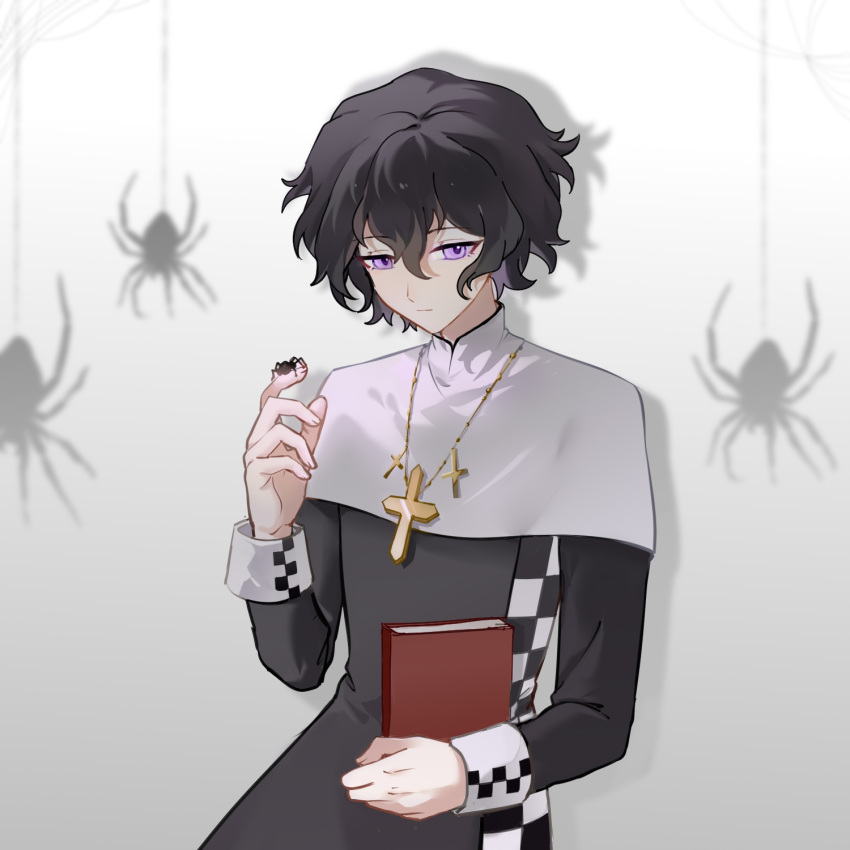 1boy, black_coat, black_hair, book, bug, capelet, chinese_commentary, closed_mouth