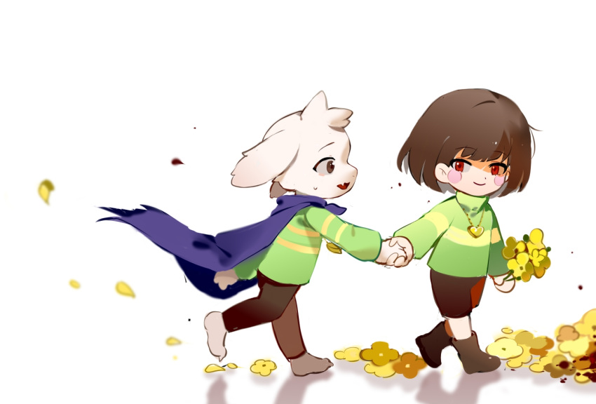 1boy, 1other, asriel_dreemurr, barefoot, blue_cape, blush_stickers, boots, brown_footwear, brown_hair, brown_pants, brown_shorts, cape, chara_(undertale), chinese_commentary, closed_mouth, commentary_request, fang, flower, furry, furry_male, goat_boy, heart, heart_necklace, holding_hands, jewelry, necklace, open_mouth, pants, raining_ji, short_hair, shorts, skin_fang, smile, torn_cape, torn_clothes, undertale, walking, white_background, yellow_flower, yellow_petals