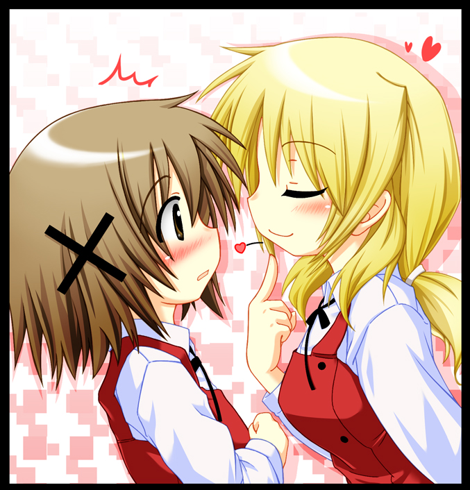 blush, brown_eyes, brown_hair, closed_eyes, eyes_closed, heart, hidamari_sketch, lilyl0ve