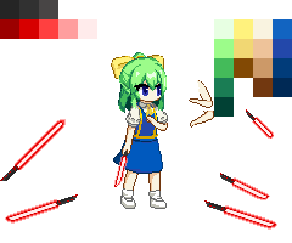 1girl, ascot, blue_eyes, blue_skirt, blue_vest, bow, chinese_commentary, color_guide
