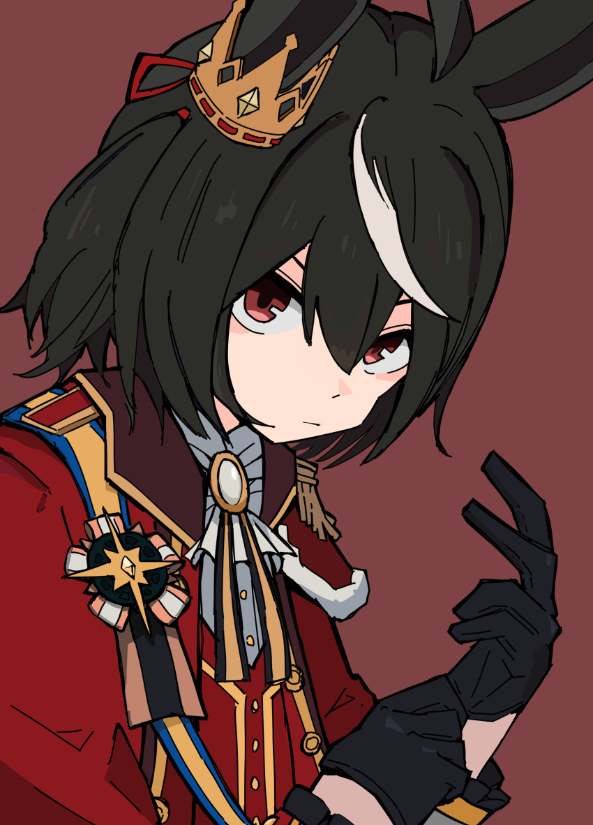 1girl, absurdres, adjusting_eyewear, ahoge, animal_ears, black_gloves, black_hair, brooch, closed_mouth, ear_ornament, epaulettes, frown, gloves, highres, horse_ears, jacket, jewelry, kitasan_black_(final_bloom)_(umamusume), kitasan_black_(umamusume), long_sleeves, looking_at_viewer, medal, multicolored_hair, red_background, red_jacket, red_vest, shirt, short_hair, simple_background, single_epaulette, solo, streaked_hair, sudzume, umamusume, upper_body, v-shaped_eyebrows, vest, white_shirt