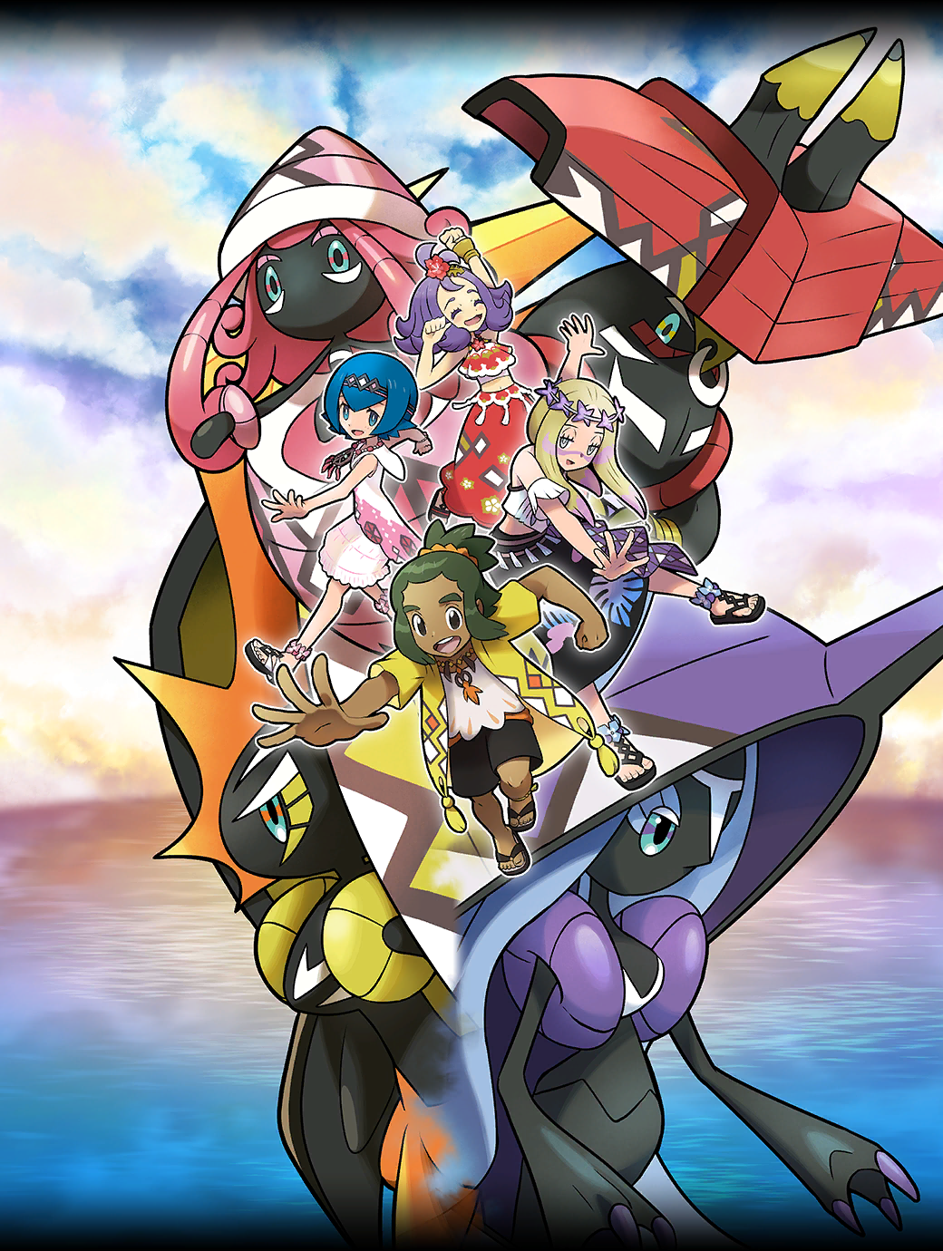 1boy, 3girls, acerola_(pokemon), acerola_(sygna_suit)_(pokemon), alternate_costume, arm_up, artist_request, black_footwear
