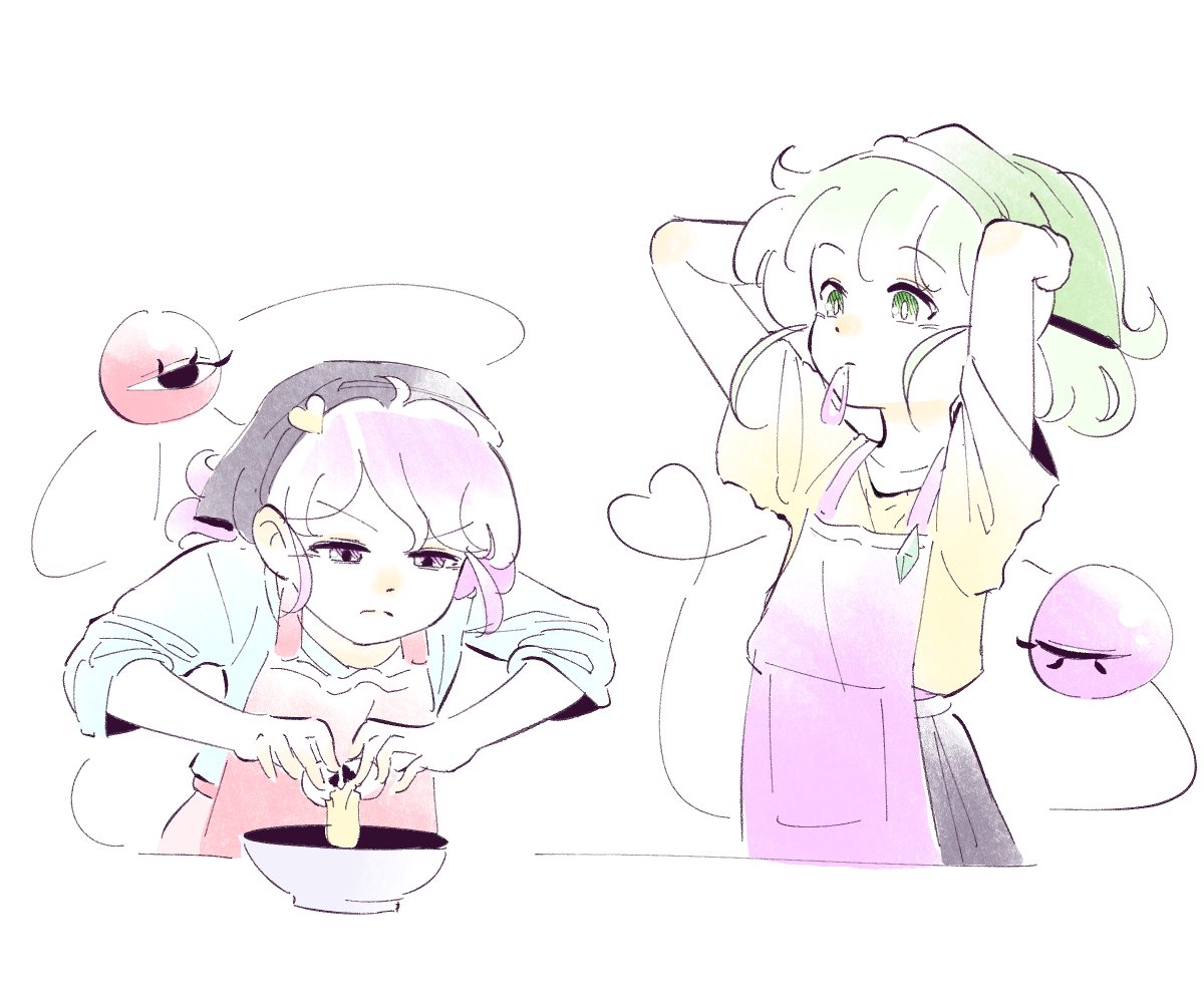 2girls, apron, arms_up, bangle, black_eyes, black_head_scarf, black_skirt, blue_shirt, bowl, bracelet, bright_pupils, closed_mouth, collarbone, cracking_egg, egg, frown, furrowed_brow, green_eyes, green_hair, green_head_scarf, hair_ornament, headscarf, heart, heart_hair_ornament, heart_of_string, jewelry, komeiji_koishi, komeiji_satori, looking_at_another, mouth_hold, multiple_girls, pink_eyes, pink_hair, pink_skirt, purple_apron, red_apron, satria_(knight-san), shirt, siblings, simple_background, sisters, sketch, skirt, sleeves_rolled_up, split_mouth, third_eye, touhou, upper_body, white_background, white_pupils, yellow_shirt