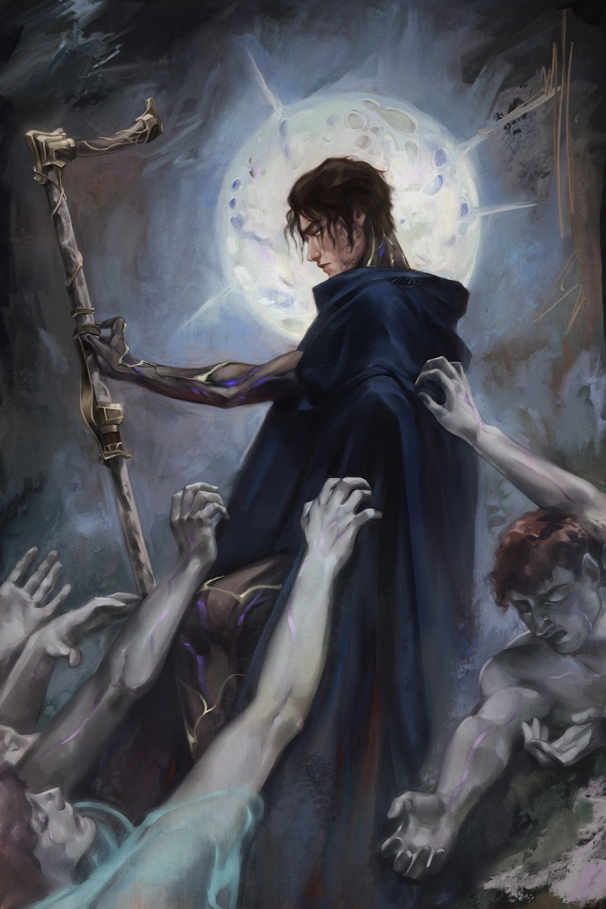 1boy, arcane:_league_of_legends, arcane_viktor, blue_cape, brown_hair, cape, closed_eyes, closed_mouth, from_side, highres, league_of_legends, looking_ahead, mimimaru, open_mouth, people, short_hair, solo_focus, staff, standing, yellow_eyes