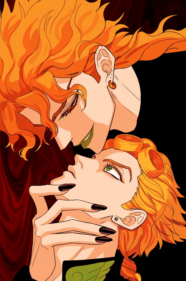2boys, birthmark, bishounen, black_nails, blonde_hair, braid, dio_brando, ear_birthmark