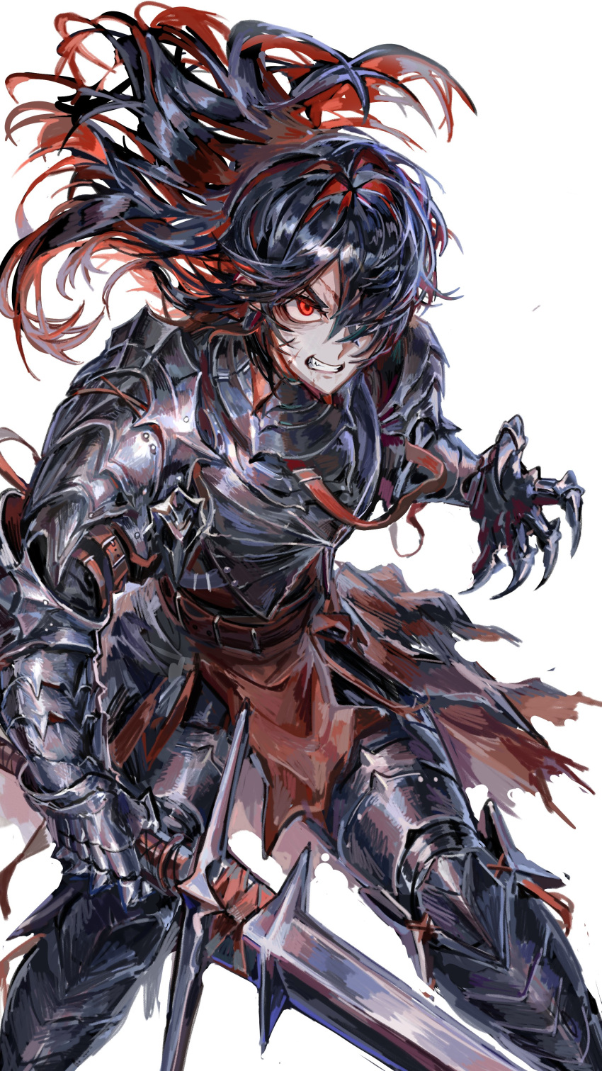 1boy, absurdres, armor, black_armor, black_hair, breastplate, clawed_gauntlets, clenched_teeth, commentary, full_armor, gauntlets, greaves, hair_over_one_eye, highres, holding, holding_sword, holding_weapon, knight, long_hair, multicolored_hair, nameno92372763, one_eye_covered, original, pauldrons, red_eyes, redhead, scar, scar_on_face, shoulder_armor, simple_background, solo, standing, sword, teeth, two-tone_hair, weapon, white_background