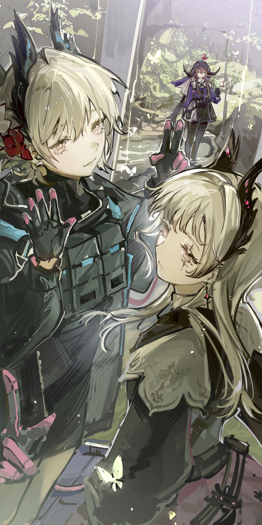 3girls, absurdres, arknights, flower, hair_flower, hair_ornament, head_wings, highres