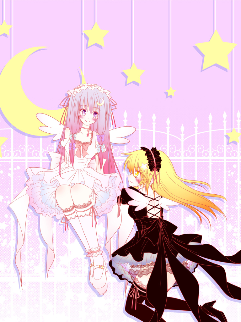 alternate_costume, black_legwear, black_thighhighs, blonde_hair, crescent, crescent_moon, gate, gothic_lolita, kirisame_marisa, lolita_fashion, moon, multiple_girls, no_hat, no_headwear, patchouli_knowledge, purple_hair, star, sweet_lolita, thigh-highs, thighhighs, touhou, yuuki_(kanranseki)