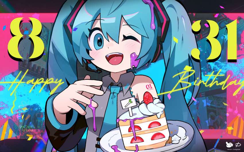 1girl, aqua_eyes, aqua_hair, arm_tattoo, artist_logo, bare_shoulders, birthday, birthday_cake