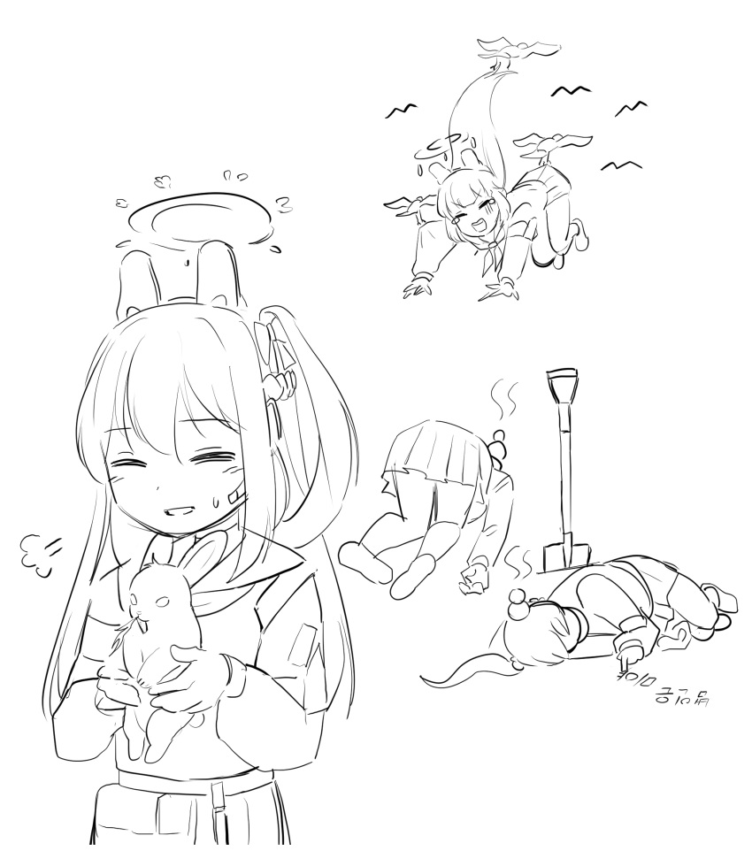 4girls, =_=, after_battle, animal, animal_ears, bird, blue_archive, bow