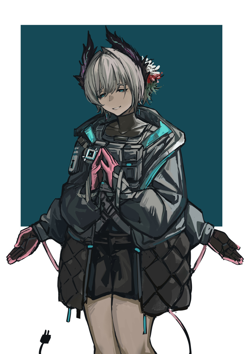 1girl, absurdres, arknights, bird_girl, black_feathers, black_gloves, blue_background, blue_eyes, commentary_request, dark-skinned_female, dark_skin, electric_plug, electric_plug_tail, extra_arms, feathers, flower, gloves, grey_hair, hair_between_eyes, hair_flower, hair_ornament, head_wings, highres, honkai_(honkai1954), pink_gloves, raidian_(arknights), rhodes_island_logo_(arknights), short_hair, smile, solo, tail, two-tone_background, two-tone_gloves, unusually_open_eyes, white_background, wings