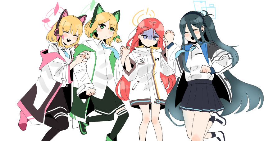 4girls, :d, ^_^, animal_ear_headphones, animal_ears, aris_(blue_archive), arm_hug, black_hair