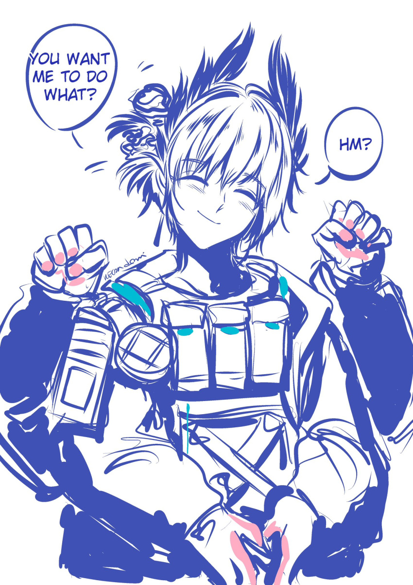 1girl, arknights, artist_name, bird_girl, blush, closed_eyes, commentary, english_text
