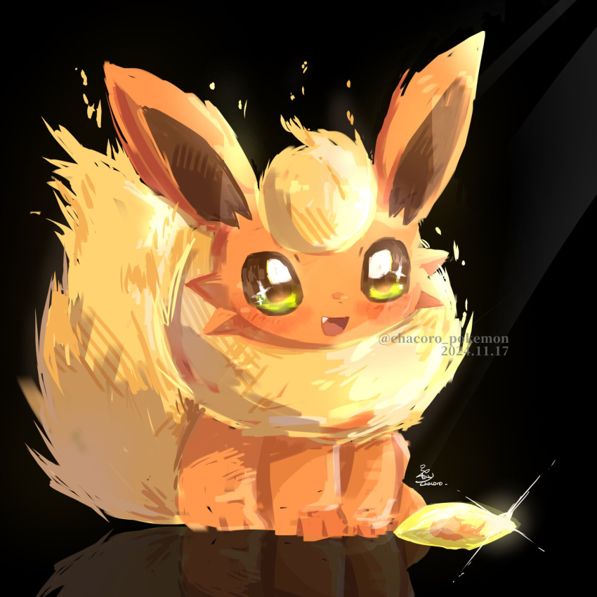 black_background, blush, chacoro_pokemon, dated, evolutionary_stone, fang, fire_stone, flareon, green_eyes, highres, no_humans, pokemon, pokemon_(creature), reflection, sitting, smile, twitter_username