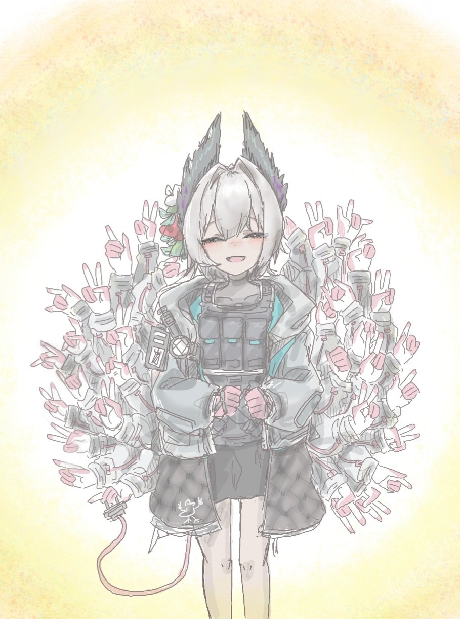 1girl, arknights, bird_girl, black_feathers, black_gloves, blush, cable, closed_eyes