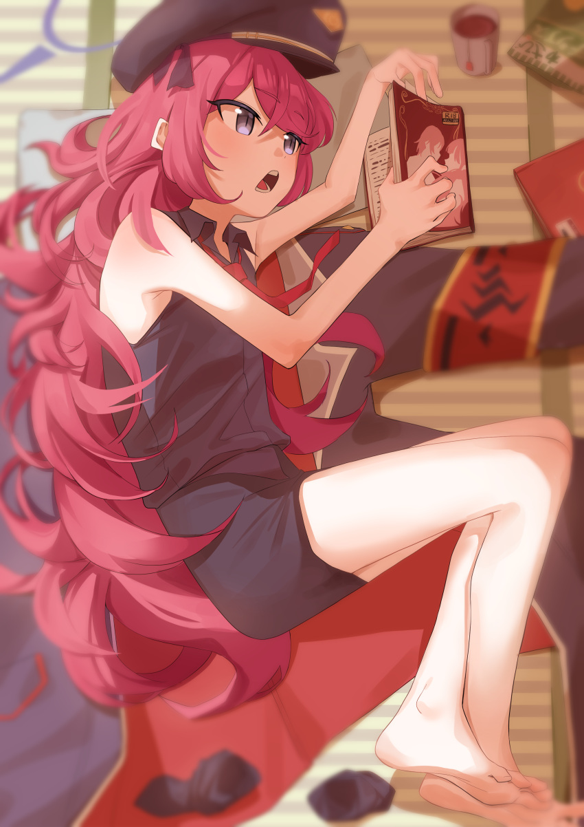 1girl, absurdres, armband, bare_arms, barefoot, black_hat, black_jacket, black_shirt