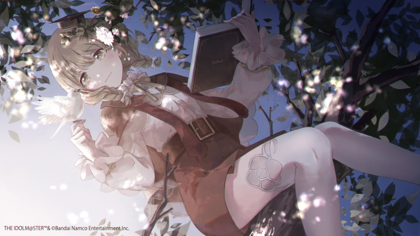 1girl, belt, bird, bird_on_hand, book, bow, braid, branch