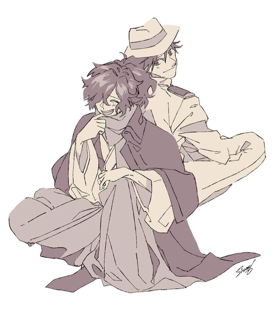 2boys, beard_stubble, closed_mouth, clothes_tug, coat, facial_hair, fang, fate/grand_order