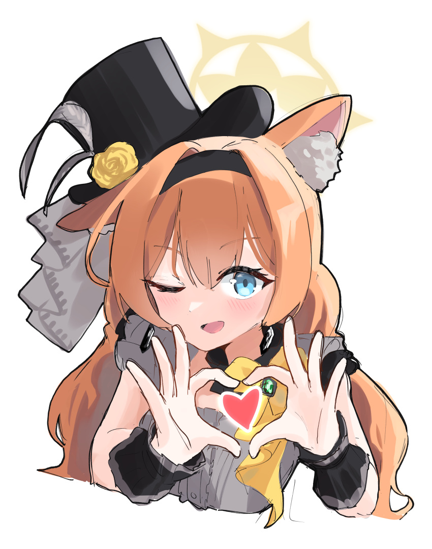 1girl, 4-finger_heart_hands, ;d, absurdres, animal_ear_fluff, animal_ears, black_hairband, black_hat
